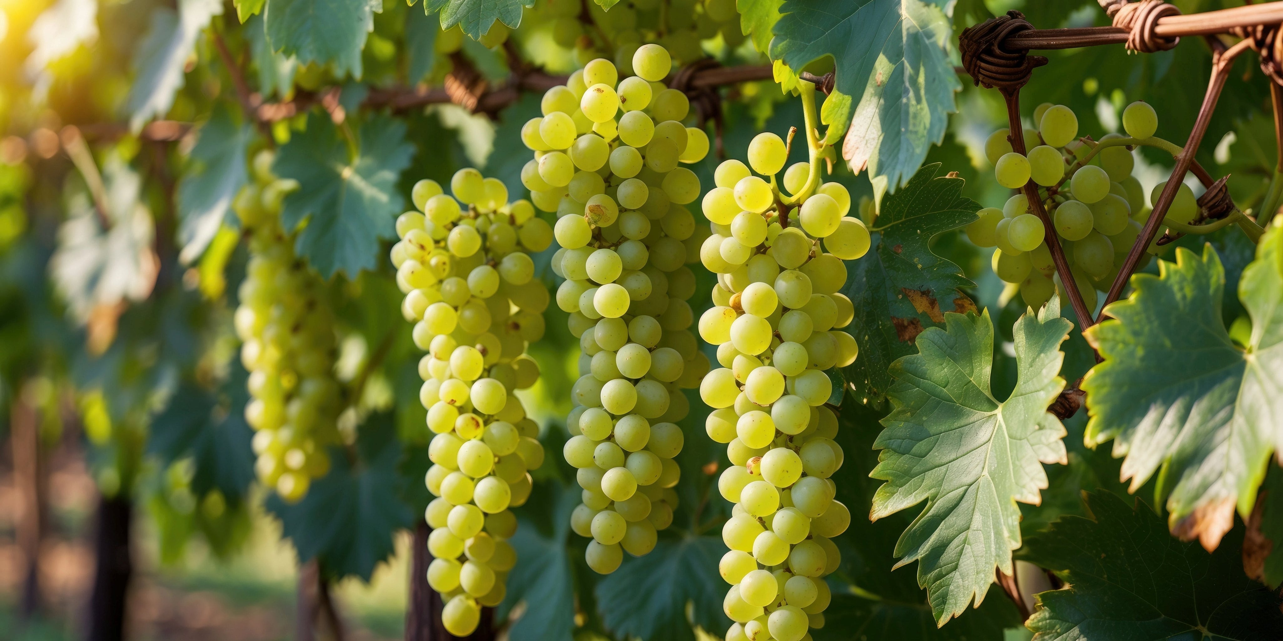 Clusters of ripe Chardonnay grapes hang from a sunlit vine surrounded by green leaves in a vineyard.