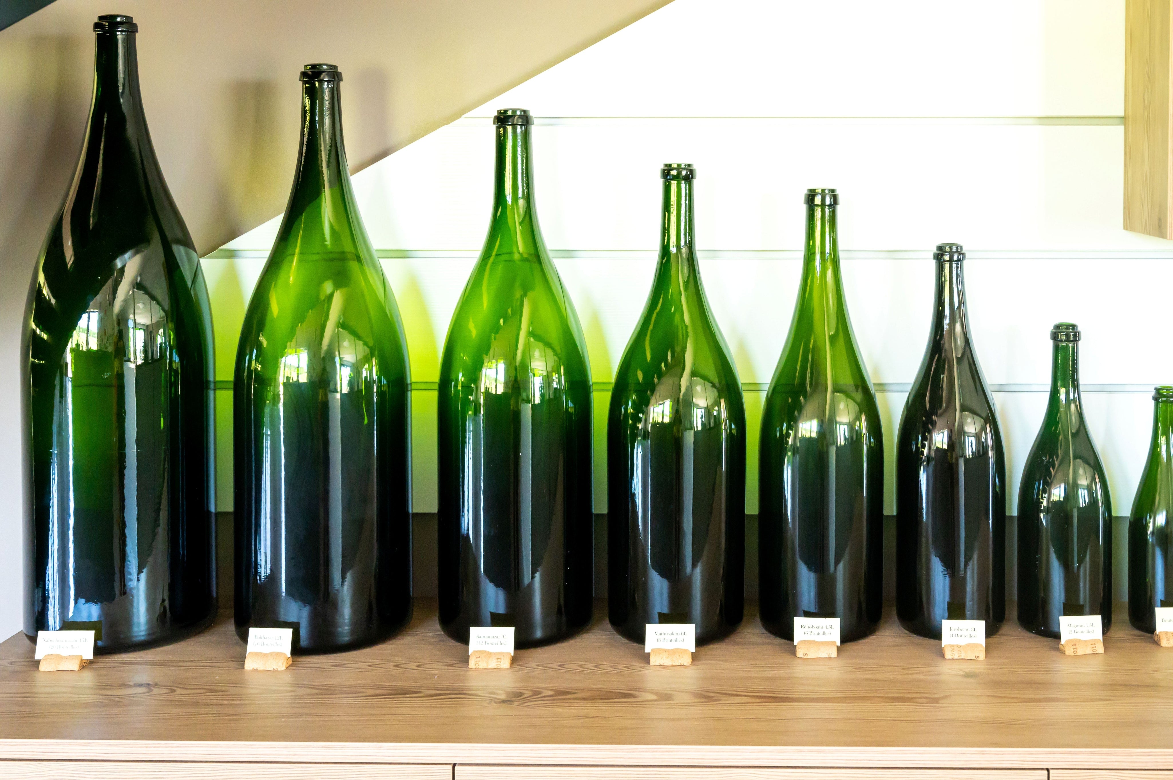 Large-format wine bottles displayed side by side in descending sizes, from oversized formats to a standard bottle, illustrating the scale of different wine bottle formats.