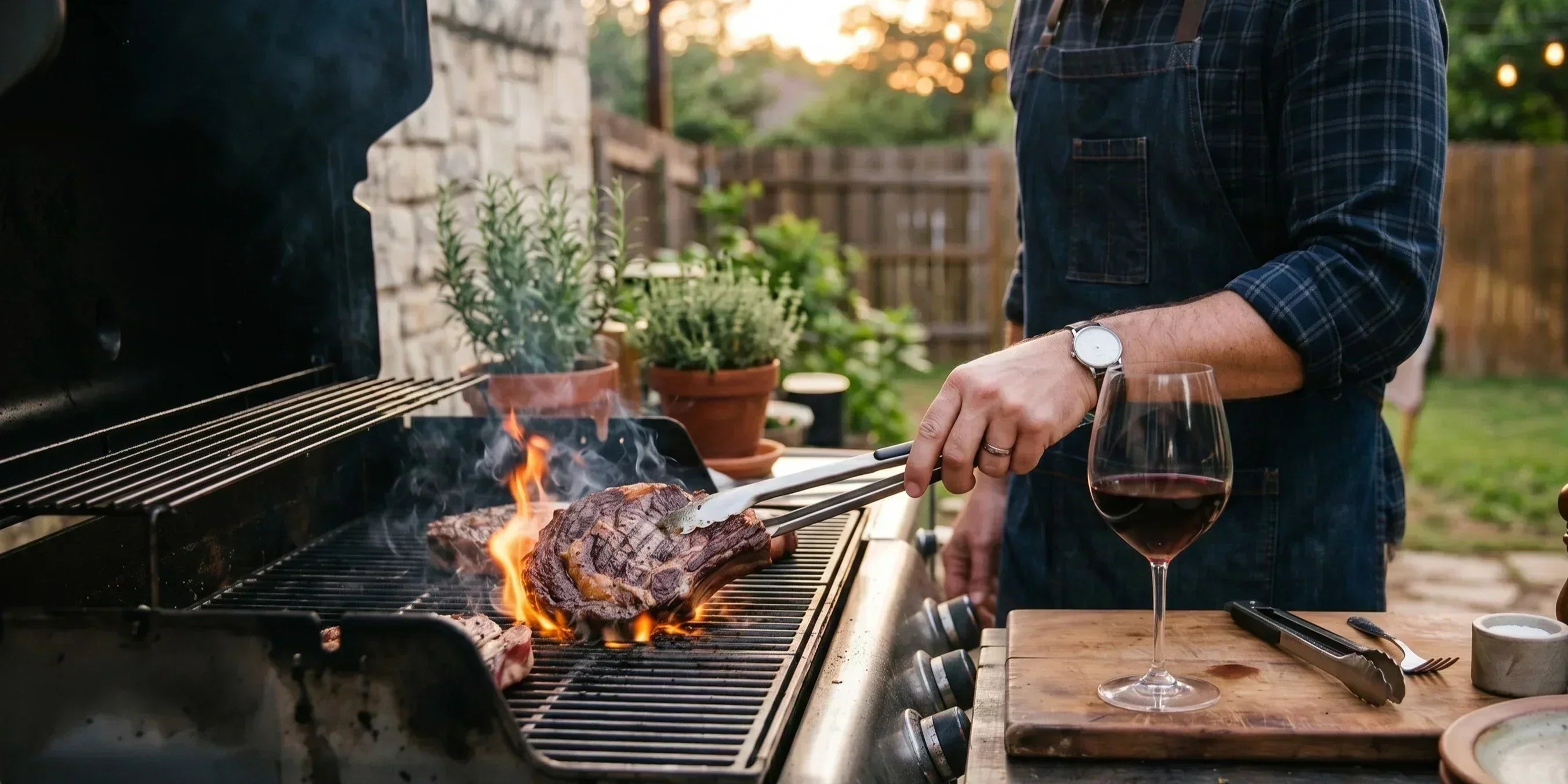 Steak grilling over an open flame with a glass of red wine, featured in a Father’s Day steak and wine pairing guide.