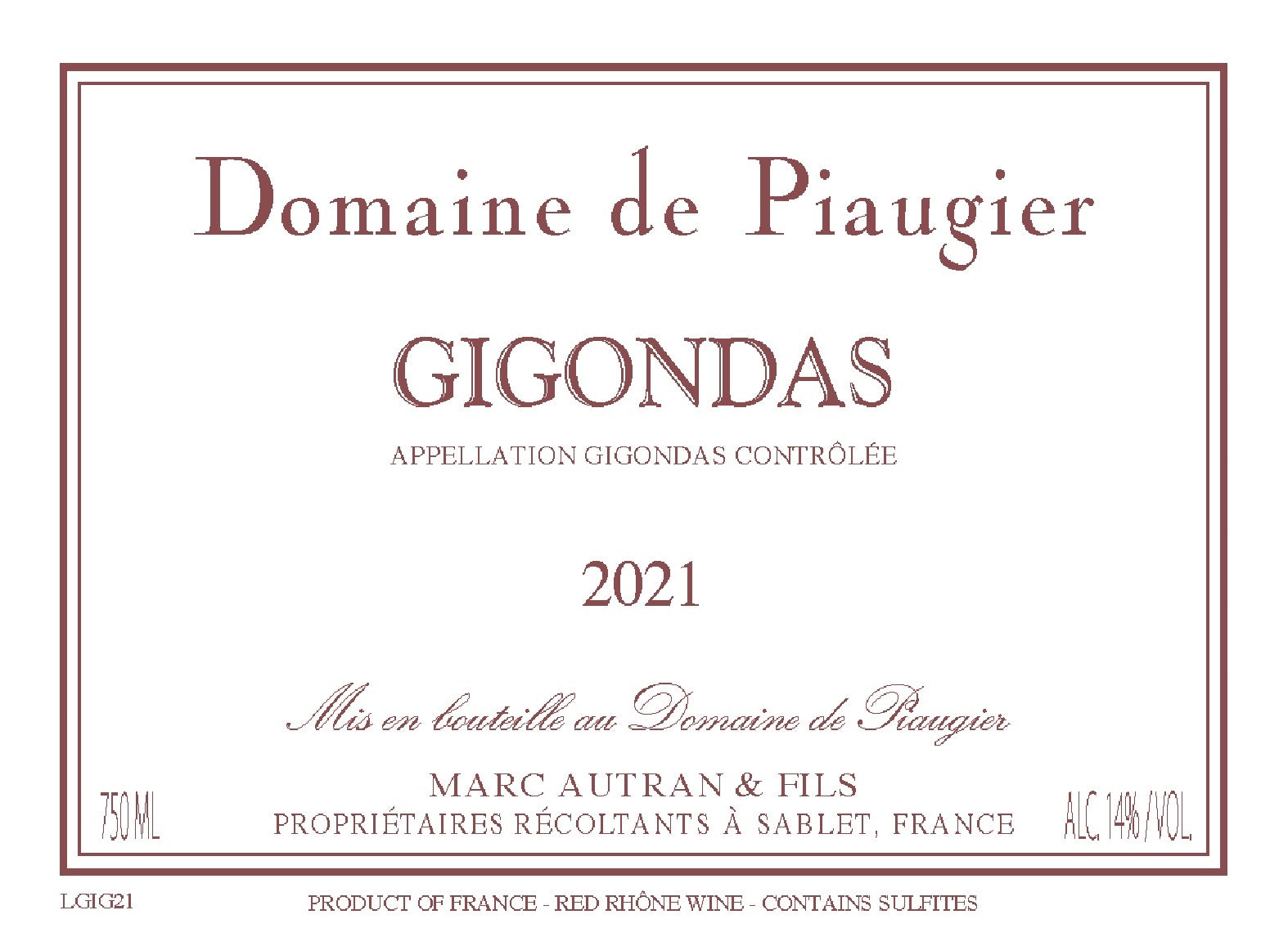 Piaugier Gigondas Rouge 2022 (750ML)